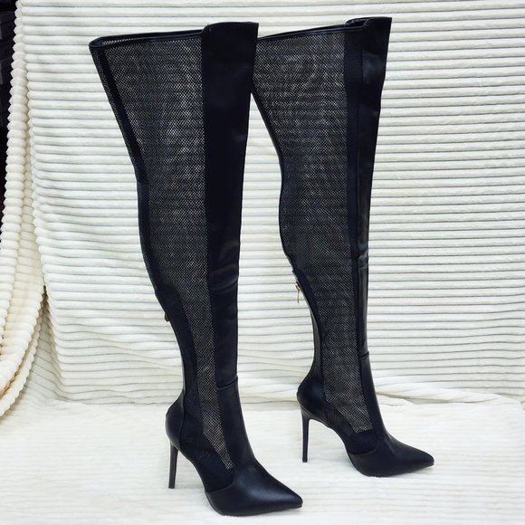 So Me Shoes - So Me Sexy Kitty Black Mesh Pointy Toe Wide Top Thigh High Heels Boots